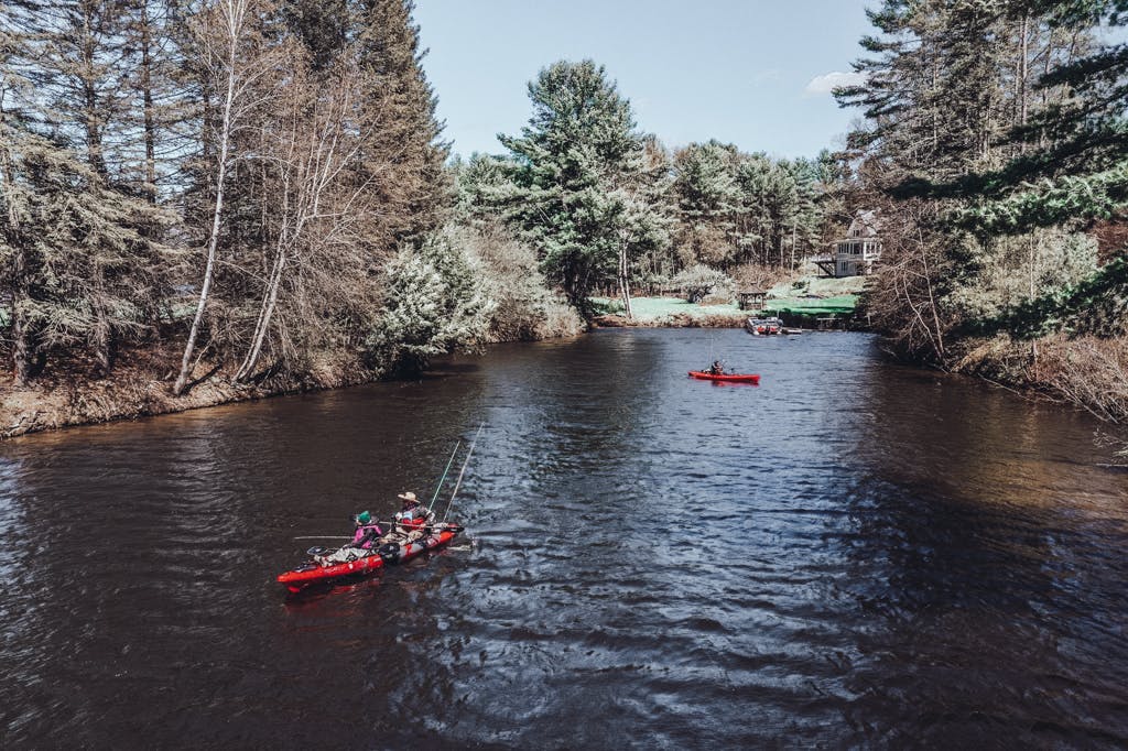 Two red kayaks on lake